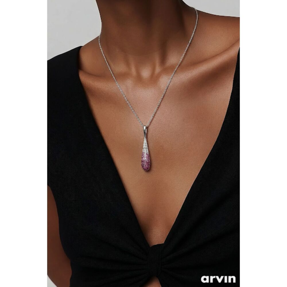 NVC Stamped Silver Tone Pendant Necklace Multi Color Rhinestone Pendant